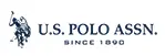 U S Polo Assn logo featuring a polo player on horseback holding a mallet to the left of the text U S Polo Assn Since 1890 in blue serif font on a white background. The environment is clean and minimalistic, conveying a sense of tradition and classic style.